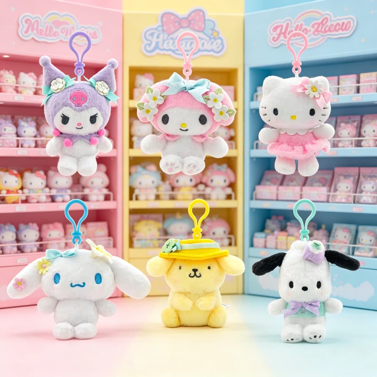 Sanrio Hello Kitty Kuromi Melody Pachacoo Cinnamoroll Stuffed Plush Toys Pendant Cute KT Keyring Anime Keychain Christmas Gift