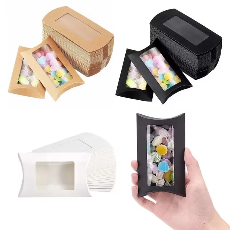 50PCS Pillow Shape Candy Box with Window Wedding Christmas Kraft Paper Cookie Gift Packaging Boxes Birthday Party Supplies
