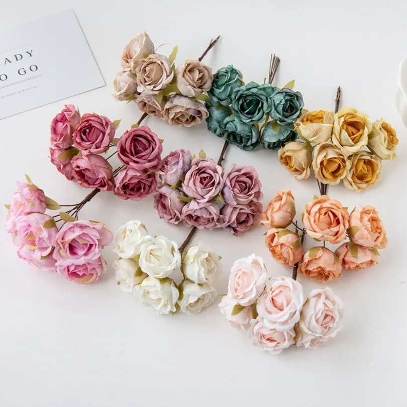 6Pcs Artificial Flowers Wedding Mini Bouquet Wreath Scrapbooking for Home Christmas Decor Diy Holiday Accessories Silk Tea Rose