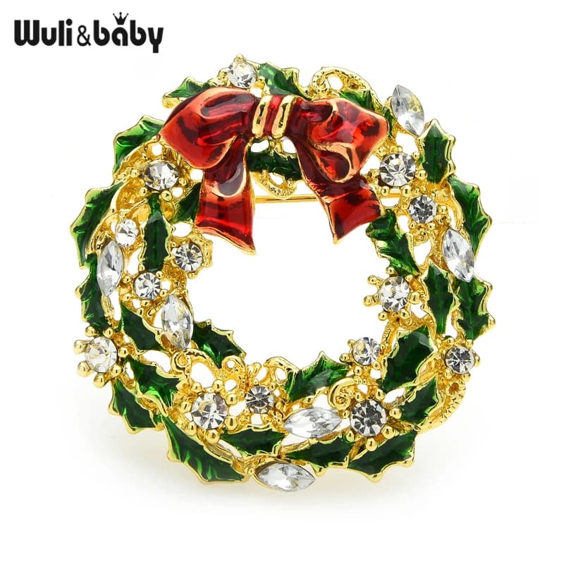 Wuli&baby New Year Christmas Flower Wreath Brooches For Women Men Rhinestone Bowknot Flower Brooch Pins Gifts