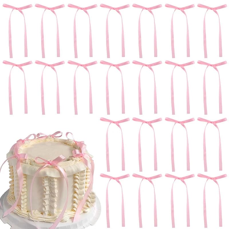10/20Pcs Bow Cake Decorations Pink Bowknot Ribbon Cake Toppers Kids Girls Birthday Party Supplies Wedding Cake Decor Christmas