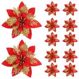10pcs 14cm Glitter Poinsettia Christmas Artificial Flowers with Clips DIY Xmas Tree Ornaments Wreath Fireplace Decorations