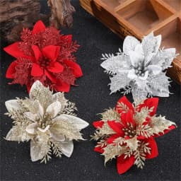 10pcs 14cm Glitter Poinsettia Christmas Artificial Flowers with Clips DIY Xmas Tree Ornaments Wreath Fireplace Decorations