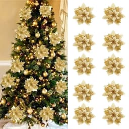 10pcs 14cm Glitter Poinsettia Christmas Artificial Flowers with Clips DIY Xmas Tree Ornaments Wreath Fireplace Decorations
