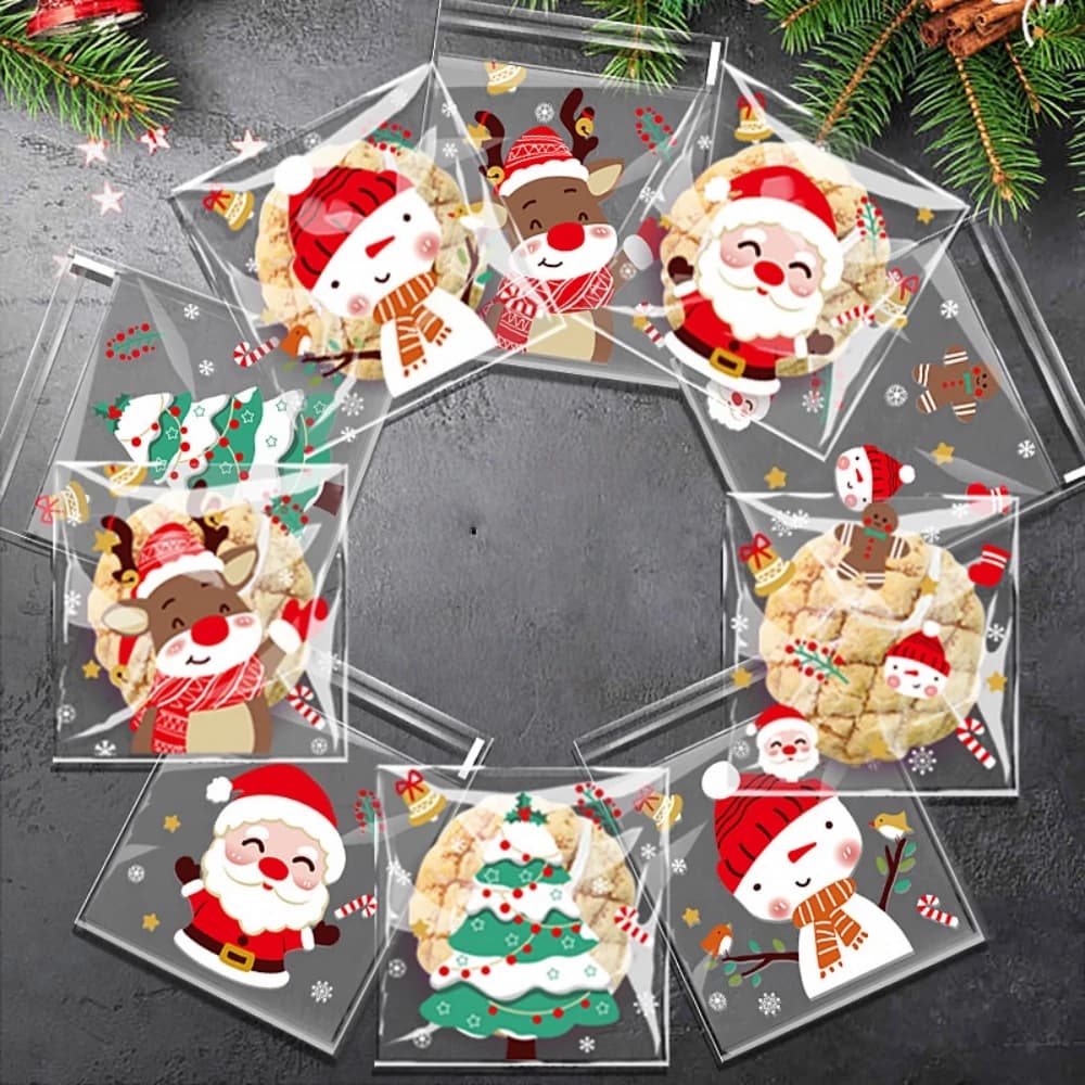100 Pcs Cartoon Christmas Pattern Gift Bag for Christmas New Year Birthday Party Spring Festival Gift Jewelry Candy Packaging