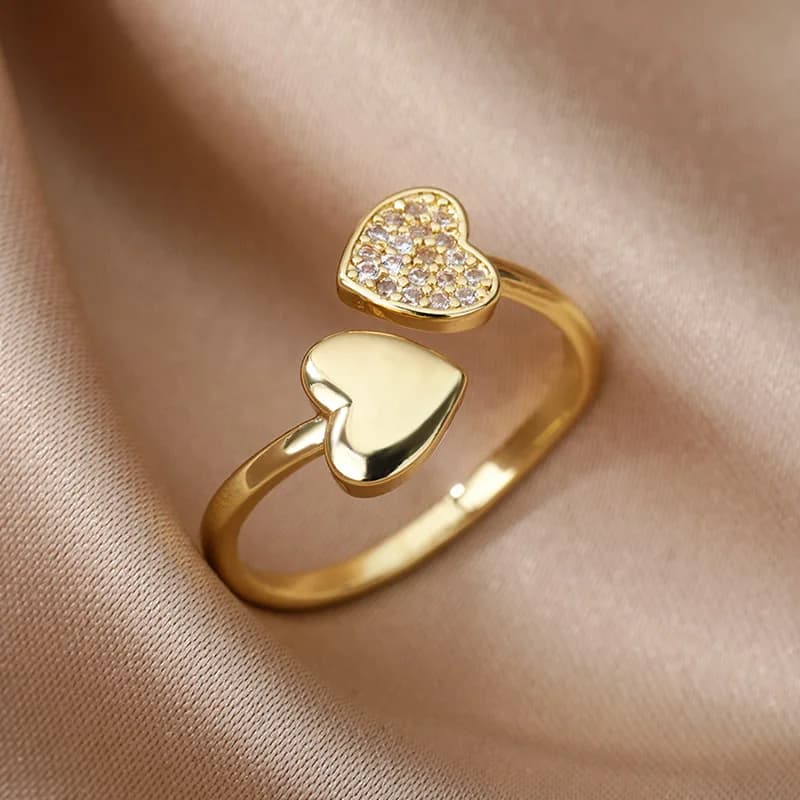 Smooth Double Heart Rings For Women Stainless Steel Zircon Heart Love Ring Adjustable Finger Ring Christmas Jewelry Wedding Gift