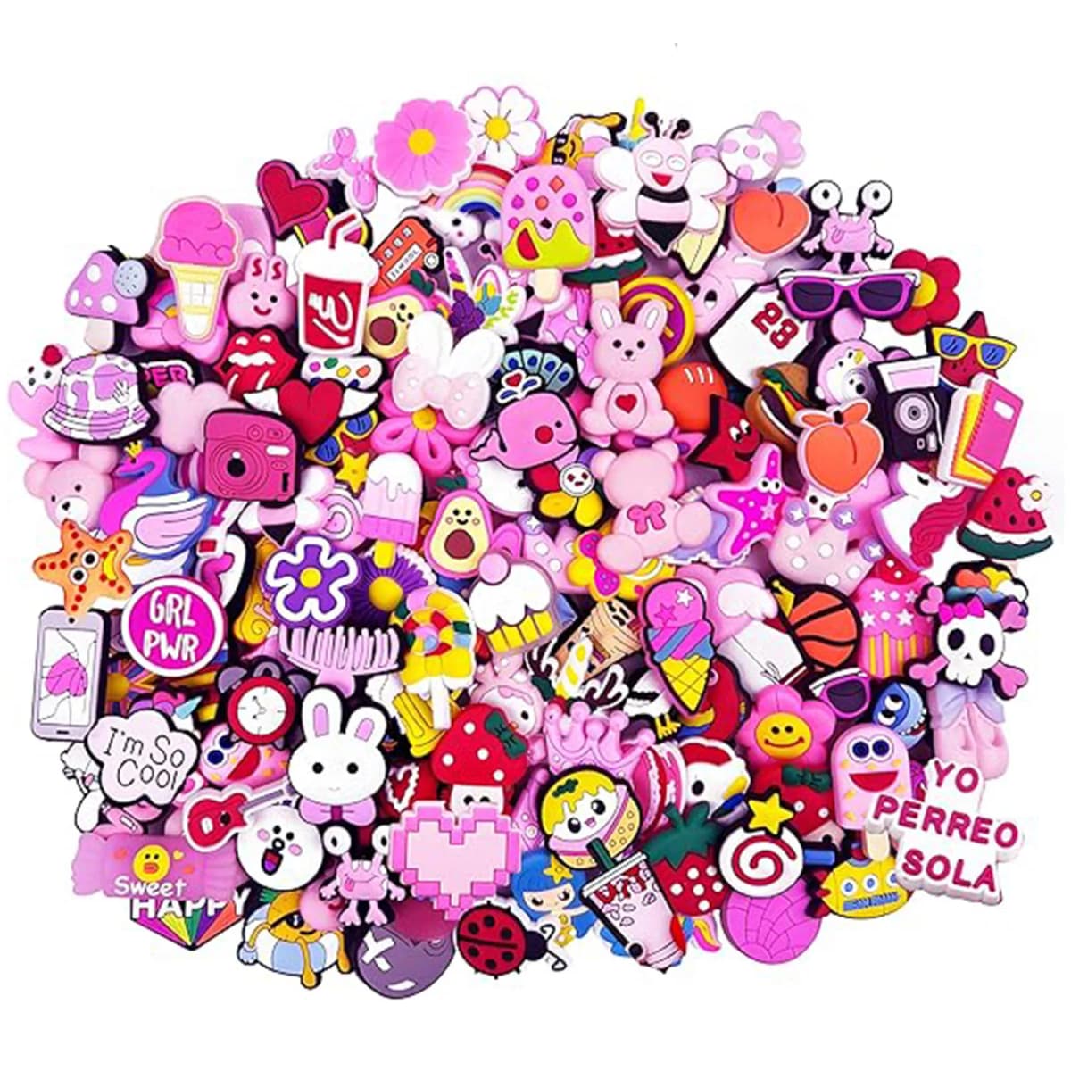 Random 10-100Pcs Pink Series Shoe Charms , PVC Shoe Decorations Accessories for Christmas, Birthday, Party, Gift Shoes Pins