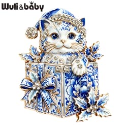 Wuli&baby Lovely Christmas Cat Brooches For Women Unisex 2-color Rhinestone Gifts Box New Year Party Brooch Pins