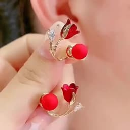 Korean Red Rose Stud Earring Fashion Imitation Pearl Flower Earrings for Woman Party Jewelry Christmas Gift New Arrivals
