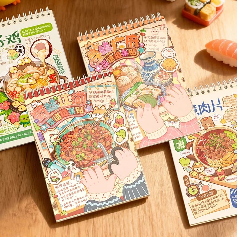 Kawaii Sichuan Flavor Jianghu 3D Complete Guide to Cuisine Landscape Sticker book DIY Pocket Cabin Scene Christmas gifts 