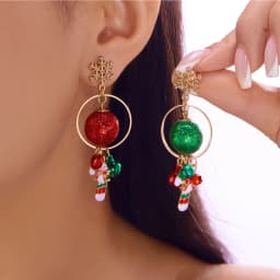 New Design Asymmetrical Snowflake Dangle Earring for Women Red Green Christmas Ball Bell Candy Cane Long Earring Holiday Jewelry