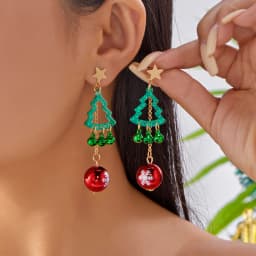 New Design Asymmetrical Snowflake Dangle Earring for Women Red Green Christmas Ball Bell Candy Cane Long Earring Holiday Jewelry