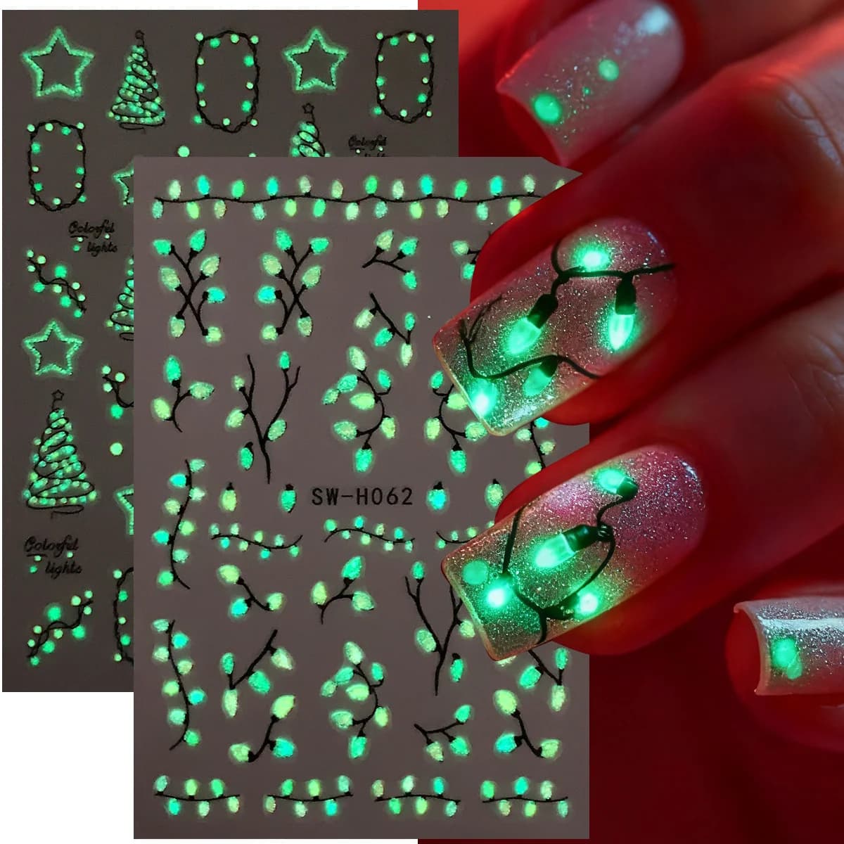 2pcs Luminous Christmas Light Nail Sticker Simple Xmas Tree Star Adhesive Decals Glow In The Dark Night Creative Winter Manicure