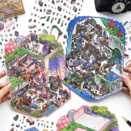 Kawaii Rotating City 3D Town Rest Day Landscape Sticker DIY Pocket Cabin Scene Christmas gifts 