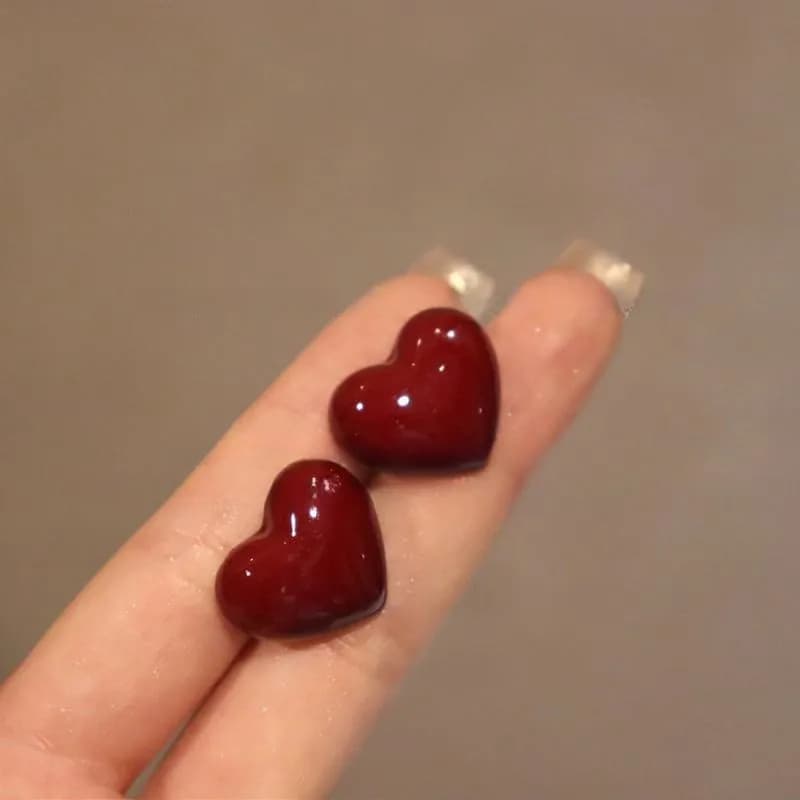 Ancona Wine Red Big Heart Stud Earrings for Women Unique Smooth Wedding New Year Jewelry Christmas Girl Valentine's Day Gift