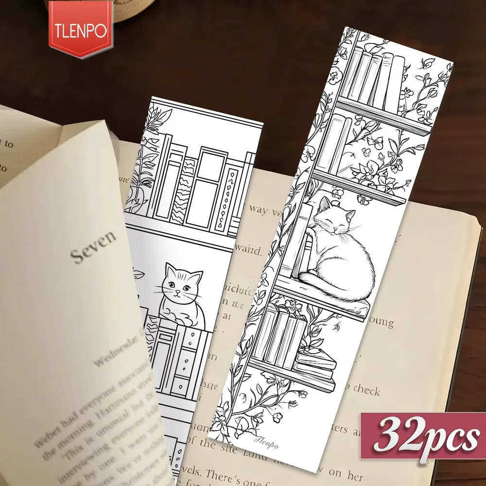 32pcs, Cat Coloring Theme Bookmarks, Christmas, Teacher Gift, Back-To-School Holiday Gifts, Creative Artistic Designs