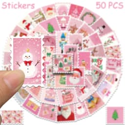 50pcs Pink Christmas Stamp Stickers Decals For Phone Laptop Letter Scrapbook Suitcase DIY Aesthetic Stickers Festival Gifts