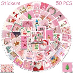 50pcs Pink Christmas Stamp Stickers Decals For Phone Laptop Letter Scrapbook Suitcase DIY Aesthetic Stickers Festival Gifts