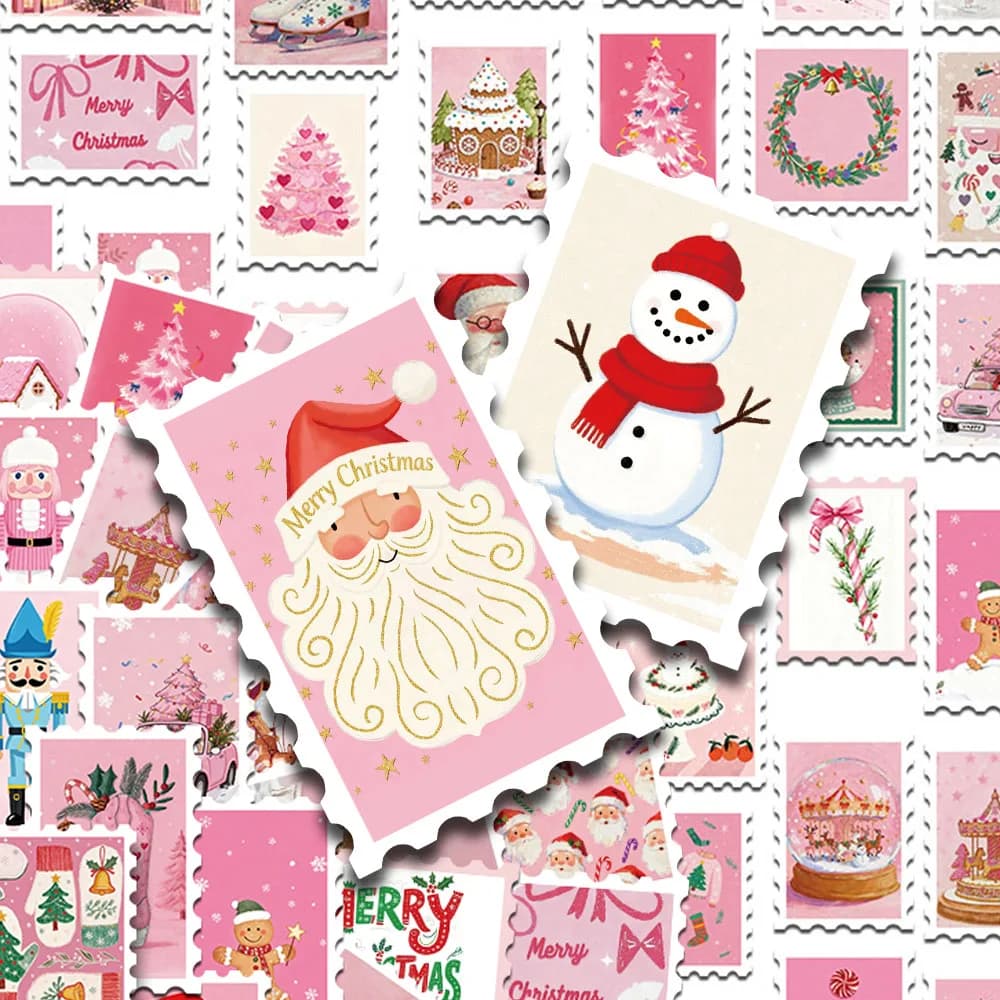 50pcs Pink Christmas Stamp Stickers Decals For Phone Laptop Letter Scrapbook Suitcase DIY Aesthetic Stickers Festival Gifts