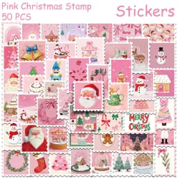 50pcs Pink Christmas Stamp Stickers Decals For Phone Laptop Letter Scrapbook Suitcase DIY Aesthetic Stickers Festival Gifts