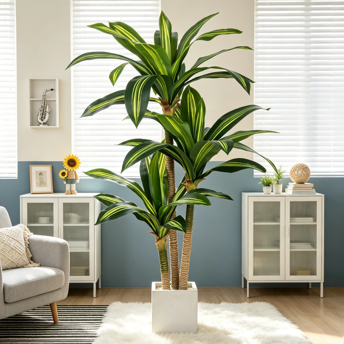 4ft/5ft/6ft Artificial Dracaena Tree in Pot - Realistic Faux Plastic Tropical Floor Plant with Easy Assembly, All-Season Indoor/Outdoor Decor for Home Office Living Room Porch, Housewarming Gift Perfect for Christmas Thanksgiving