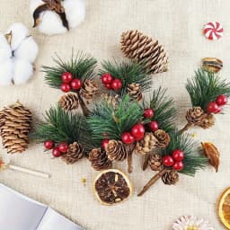 24pcs Artificial Pine Picks with Red Berries And Plastic Pinecones, Americana Style Faux Pine Needle Sprigs, Plastic Christmas