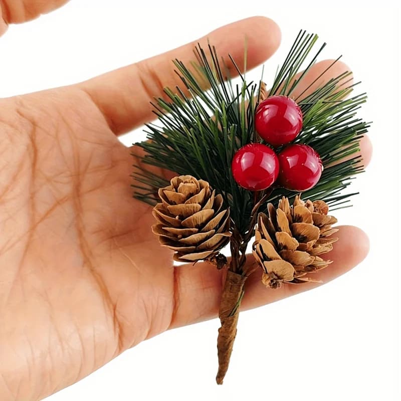 24pcs Artificial Pine Picks with Red Berries And Plastic Pinecones, Americana Style Faux Pine Needle Sprigs, Plastic Christmas