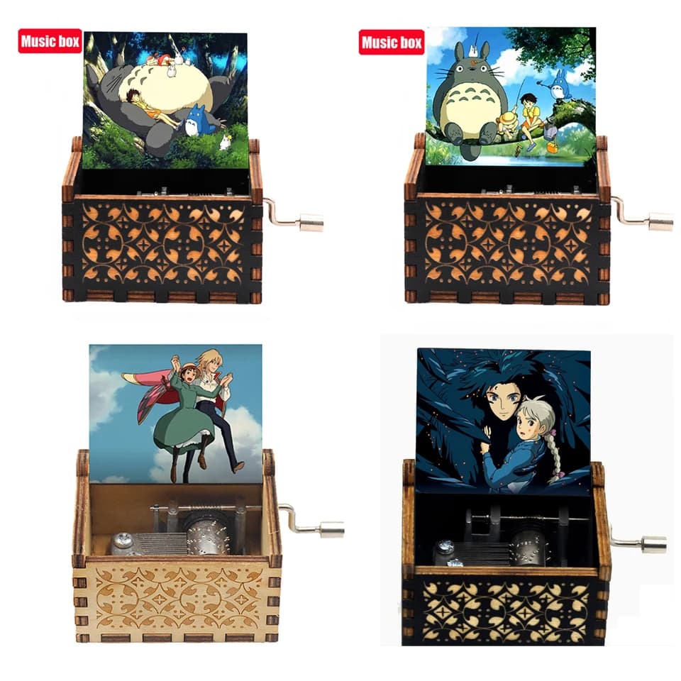 4 styles Howl Castle Music Box Totoro Music Box Antique carved Wooden Hand Crank Music Box figure Christmas Birthday Gift--