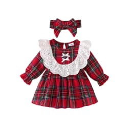 0-18 Months Baby Girl Christmas 2Pcs Red Plaid Long Sleeve Dress Set Lace Ruffle Headband Autumn Infant Princess Dress  Outfit