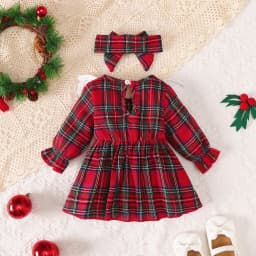 0-18 Months Baby Girl Christmas 2Pcs Red Plaid Long Sleeve Dress Set Lace Ruffle Headband Autumn Infant Princess Dress  Outfit