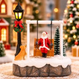 Christmas Village Santa Swing Decoration LED Lighted Figurine Miniature Scene Xmas Tree Snow House Tabletop Ornament Gift Decor