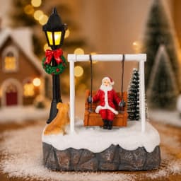 Christmas Village Santa Swing Decoration LED Lighted Figurine Miniature Scene Xmas Tree Snow House Tabletop Ornament Gift Decor