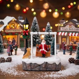 Christmas Village Santa Swing Decoration LED Lighted Figurine Miniature Scene Xmas Tree Snow House Tabletop Ornament Gift Decor