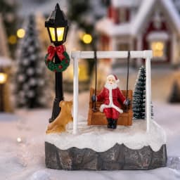 Christmas Village Santa Swing Decoration LED Lighted Figurine Miniature Scene Xmas Tree Snow House Tabletop Ornament Gift Decor
