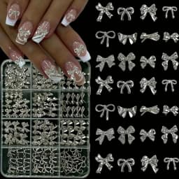 120Pcs Silver Nail Art Decorations Y2K Style Metal Charms For Christmas Wedding Valentine's Day DIY Manicure Supplies