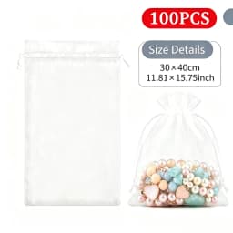100pcs White Organza Drawstring Gift Pouches Sheer Favor Bags for Jewelry Candy Wedding Christmas Birthday Party Packaging