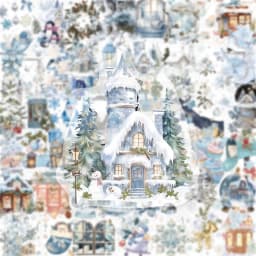 50PCS Dreamy Blue Winter Watercolor Art PET Sticker Snowman Snow Castle Christmas Tree Flower Beautiful Art Decoration Scrapbook