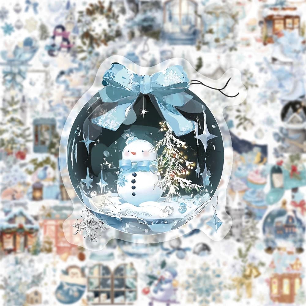 50PCS Dreamy Blue Winter Watercolor Art PET Sticker Snowman Snow Castle Christmas Tree Flower Beautiful Art Decoration Scrapbook