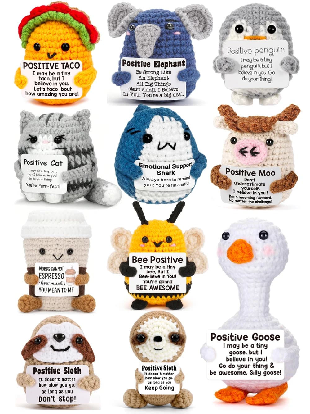 1 Piece of Mini Positive Energy Crochet Animal, Fun and Inspirational Birthday Gift for Women, Men, Friends, and Colleagues, in the Shape of a Shark, Duck, or Cat, Comes with a Positive Energy Card, Warm and Cute Decoration for Birthdays, Christmas, and Valentine's Day