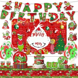 Christmas Grinch Birthday Party dinnerware Disposable Banner Cake Topper Hanging Flag Grinch Balloons Birthday Decoration set