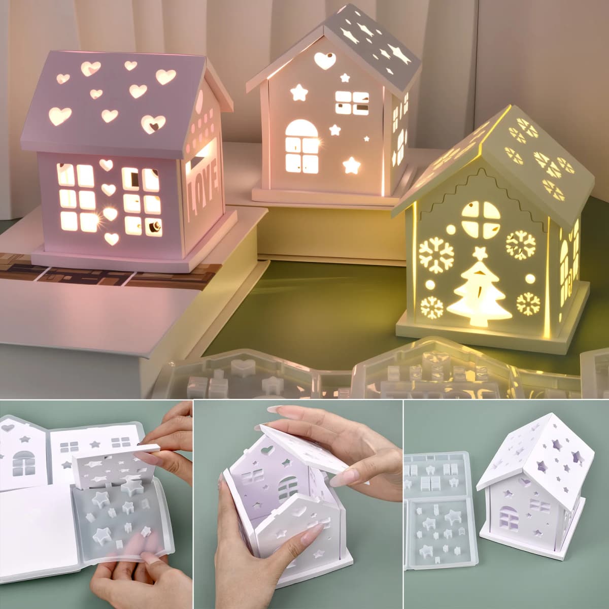3D House Silicone Mold DIY Christmas Tree Love Star House Ornament Decor Plaster Epoxy Resin Candle Holder Mold Crafts Making