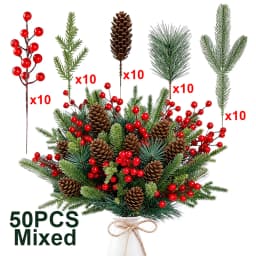 50Pcs Christmas Artificial Pine Branches Red Berry Stems Pine Cones Pine Needles for DIY Craft Garland Wreath Xmas Home Decor