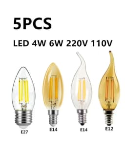 5PCS LED Edison Filament Candle Bulbs Light Golden C35 C35L 2W 4W 6W Warm White Dimmable E14 E12 E27 220V 110V For Crystal Light