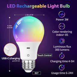 Rechargeable Light Bulb With Remote Control, Timing Function, Dimming and RGB, Battery Powered, Suitable for Wireless Wall Light
