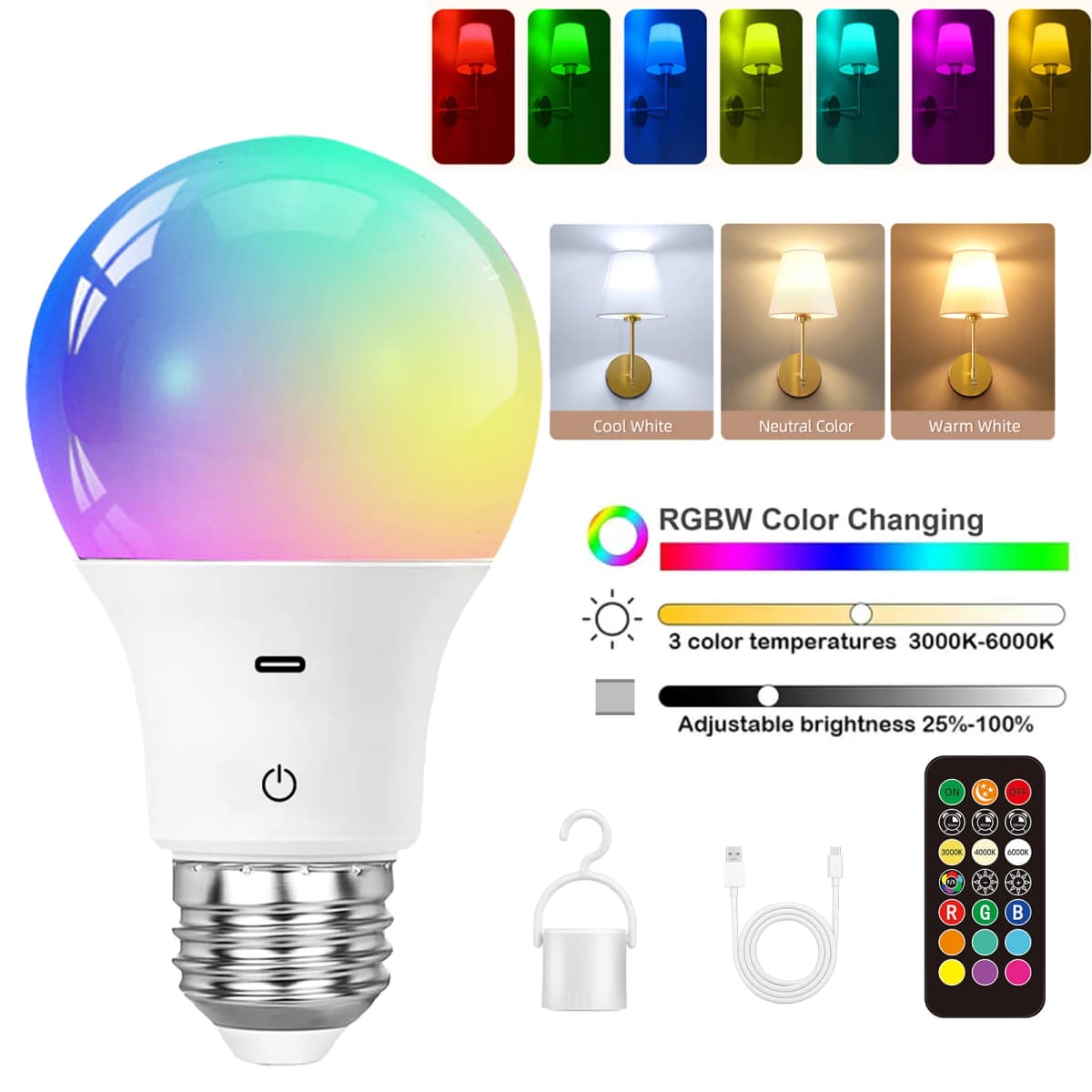 Rechargeable Light Bulb With Remote Control, Timing Function, Dimming and RGB, Battery Powered, Suitable for Wireless Wall Light