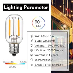Grensk DC 12V 24V Tubular Bulbs Low Voltage T22 1W Led Filament Bulb E12 Candelabra Base LED Lamp RV Locomotive Room Lights
