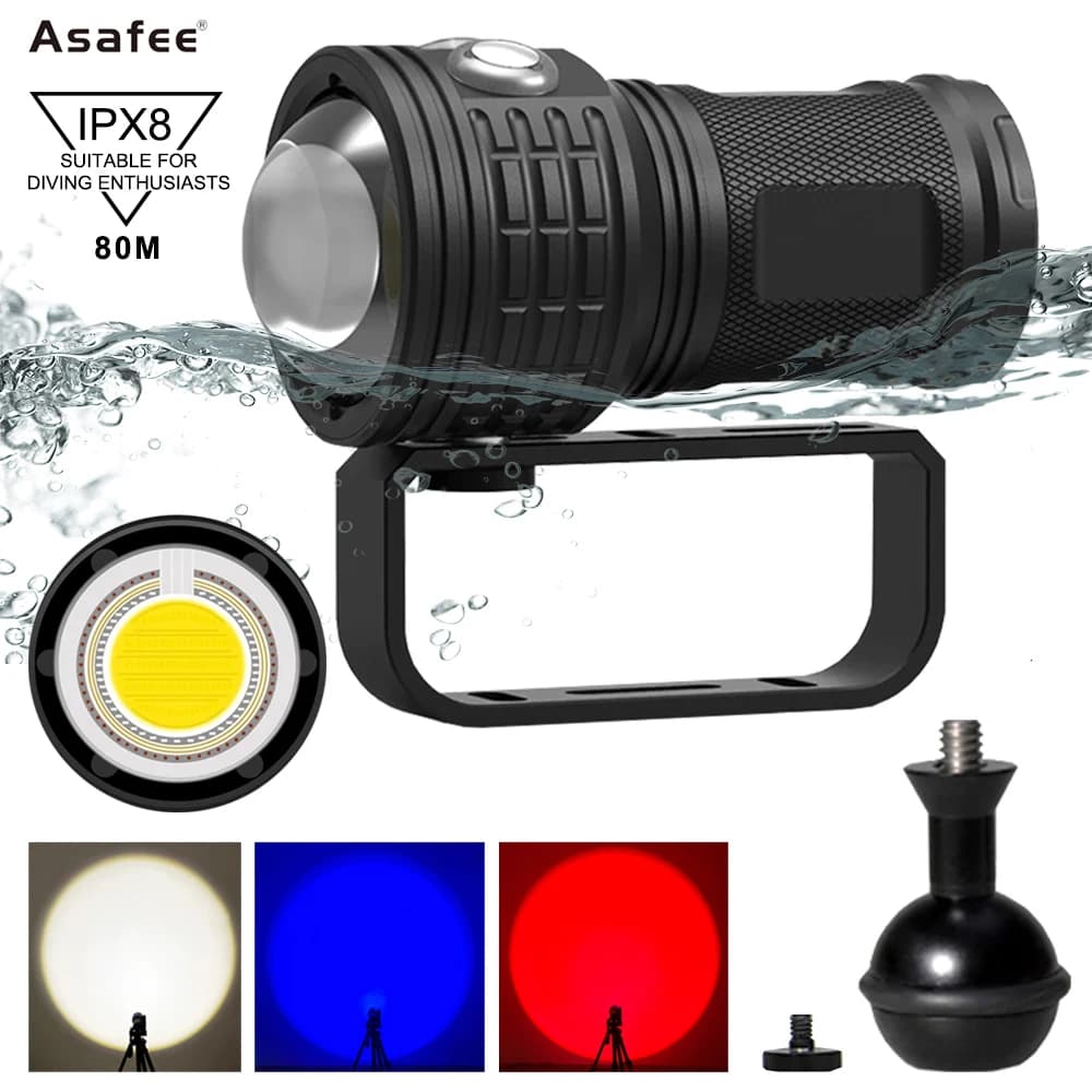 Asafee DRC01 80M 6000LM Underwater Diving Flashlight 500M Big COB Red Blue Dive Light Waterproof Photography Diving Fill Light