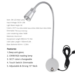5V USB 3CCT Dimmable Wall Lamp CRI98 RG0 Bedside Reading Lamp Working Spot Light 15" Gooessneck Adjustable
