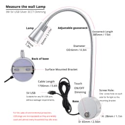 5V USB 3CCT Dimmable Wall Lamp CRI98 RG0 Bedside Reading Lamp Working Spot Light 15" Gooessneck Adjustable