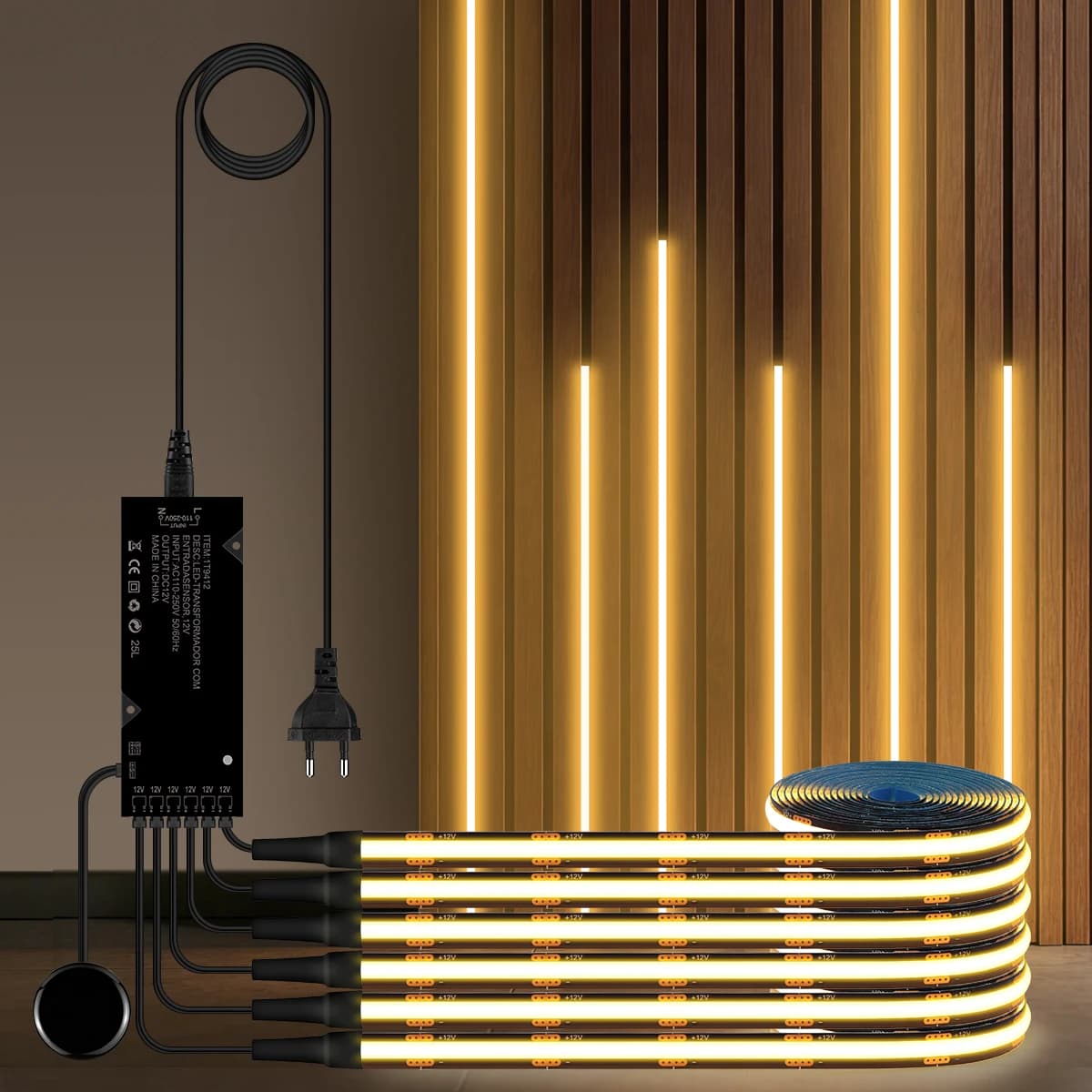 Touch Sensor Light Display Cabinet Under LED Night Light 4/5/6PCS 1-2M Black COB LED Strip EU Plug for Acoustic Wall Panel Decor